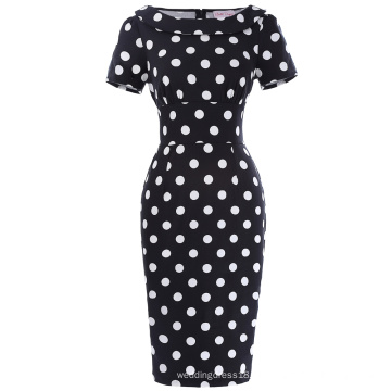 Belle Poque Stock Kurzarm Besatzung Hals Schwarz Weiß Polka Dots Retro Vintage Bodycon Bleistift Kleid BP000030-2